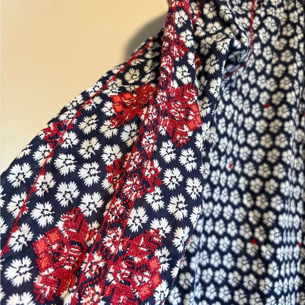 J. Crew Navy & Red Embroidered Cotton Peasant Blouse